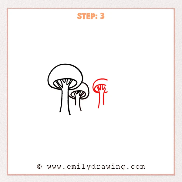how to draw a cartoon forest - Step 3 of a cartoon forest drawing adds a third, smaller tree on the right, with a simple canopy, a short trunk, and curved underside details.